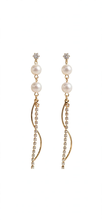Serpentine Double Pearl Wavy Diamond Drop Earrings - Gold