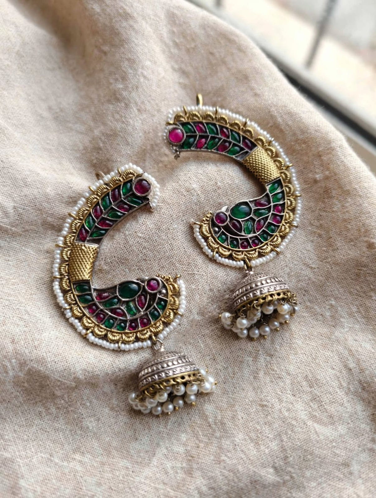 C-Shape Kundan Jhumka Earrings with Pearls