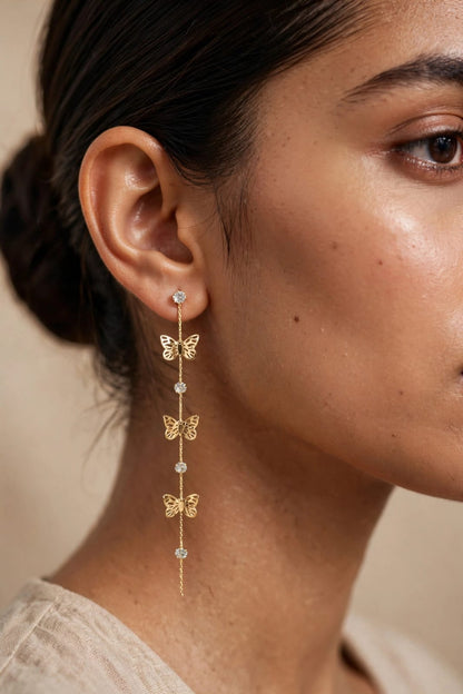 Flutter Triple Butterfly Long Chain  Earrings - Gold