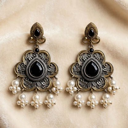 Dual Tone Floral Pearl Earrings With Stone
