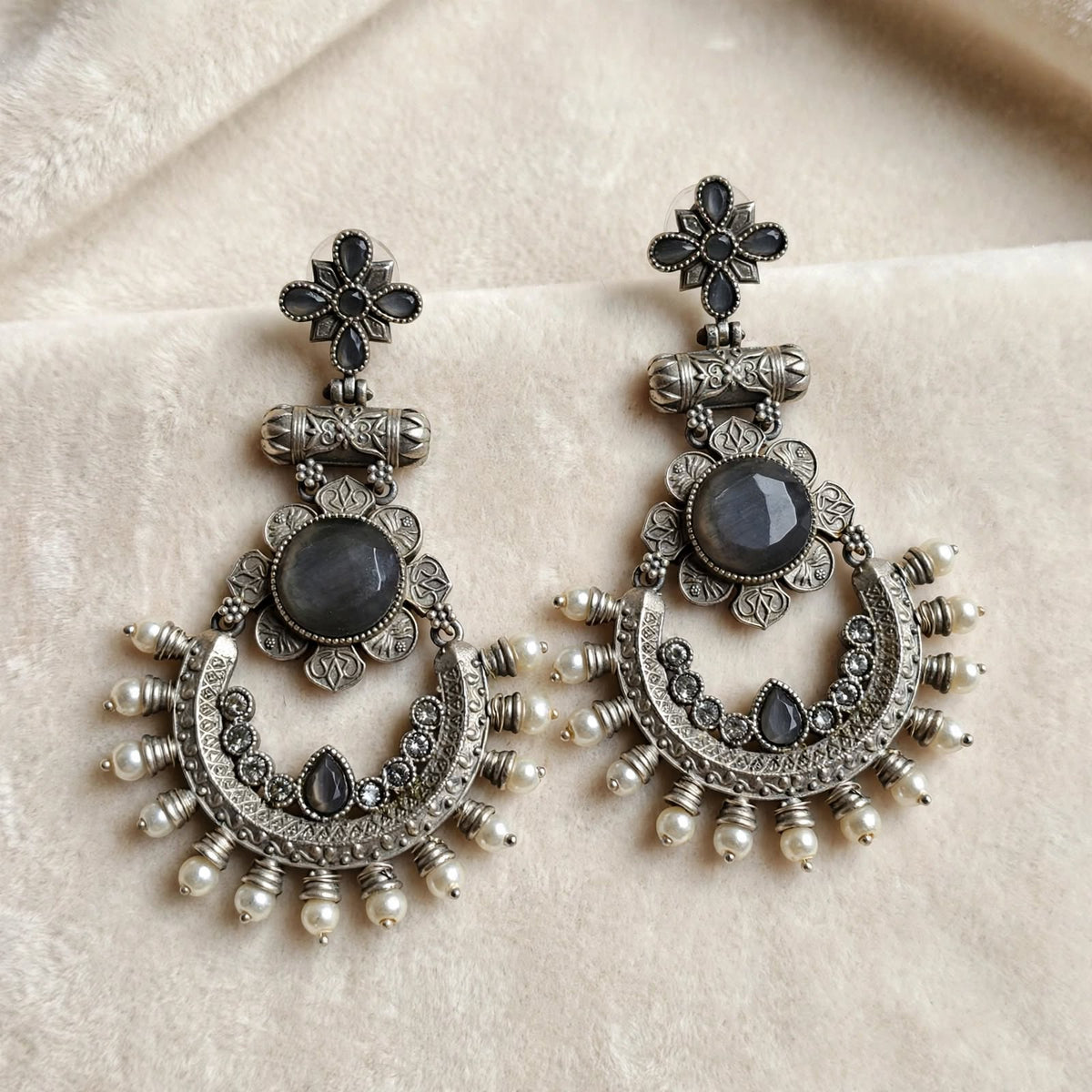 Oxidized Silver Stone Chandbali Earrings