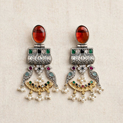 Peacock Oxidized Silver Statement Chandbalis