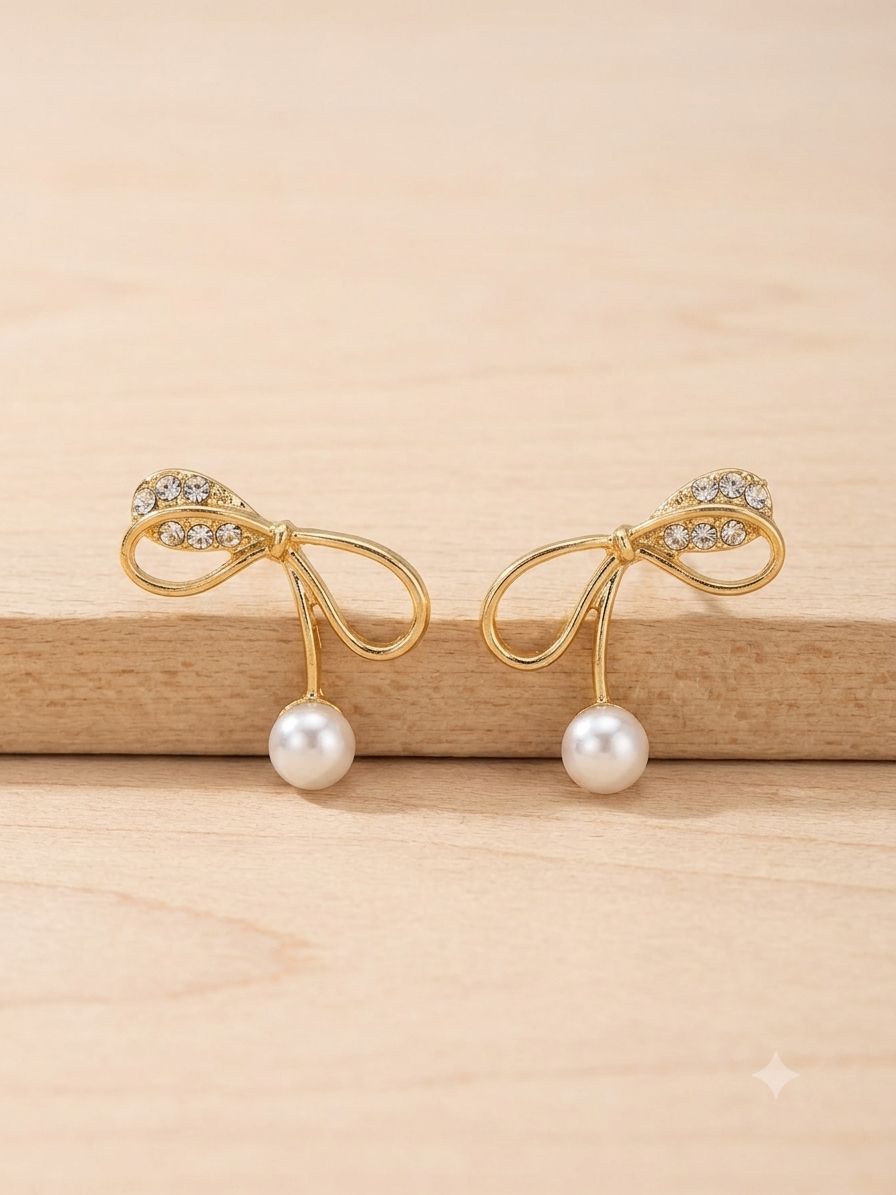 Golden Ribbon & Pearl Drop Studs