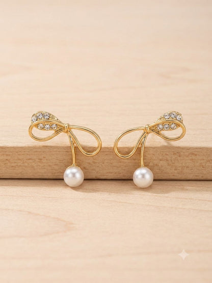 Golden Ribbon & Pearl Drop Studs