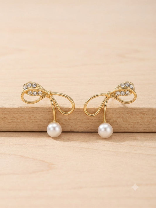 Golden Ribbon & Pearl Drop Studs