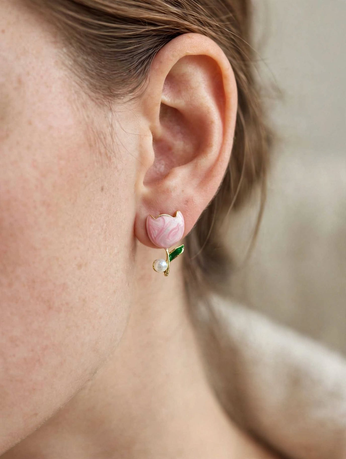 Tulip Bloom - Enamel Pearl Stud Earrings