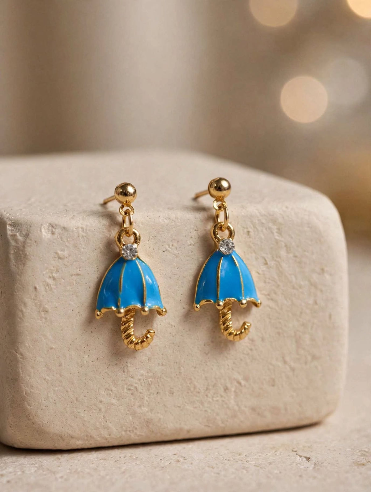 Blue Enamel Umbrella Drop Earrings with Crystal