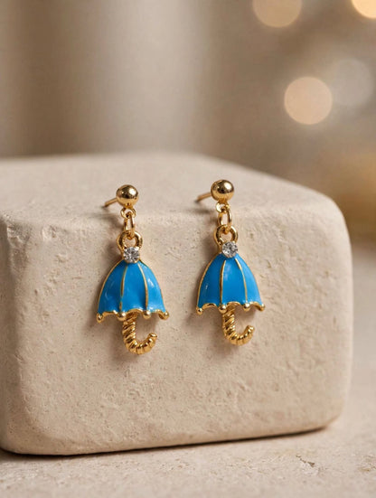 Blue Enamel Umbrella Drop Earrings with Crystal