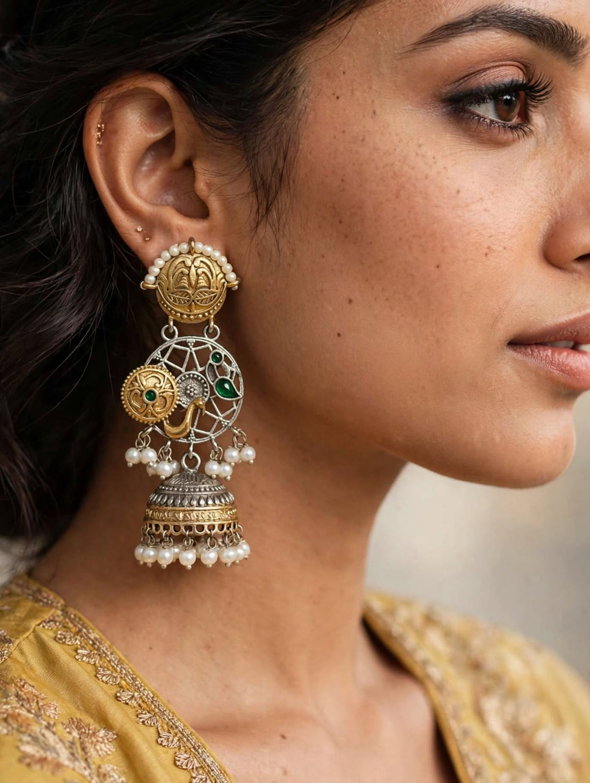 Dual Tone Peacock Jhumka Earrings