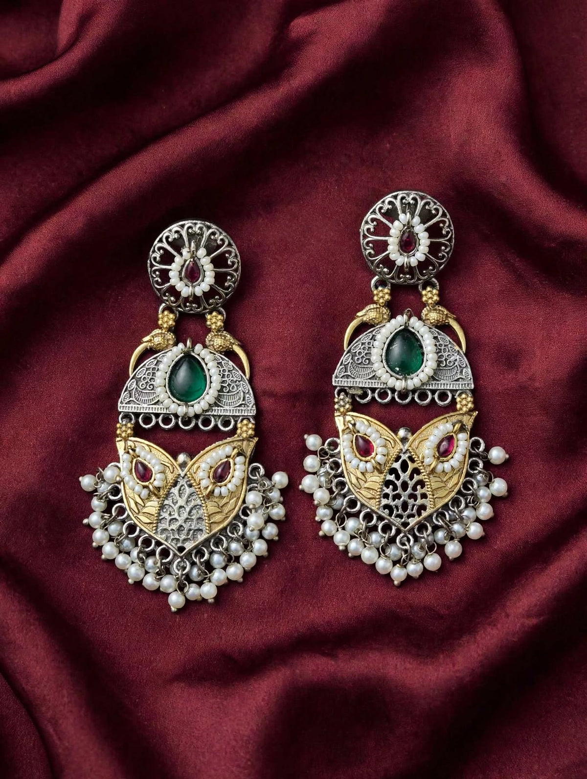 Dual-Tone Oxidized Silver Statement Jhumka Earrings with Pearls