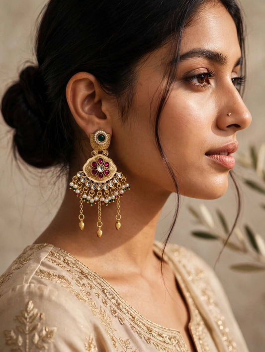 Antique Gold Kundan Jhumka Earrings