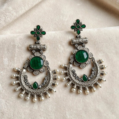 Oxidized Silver Stone Chandbali Earrings