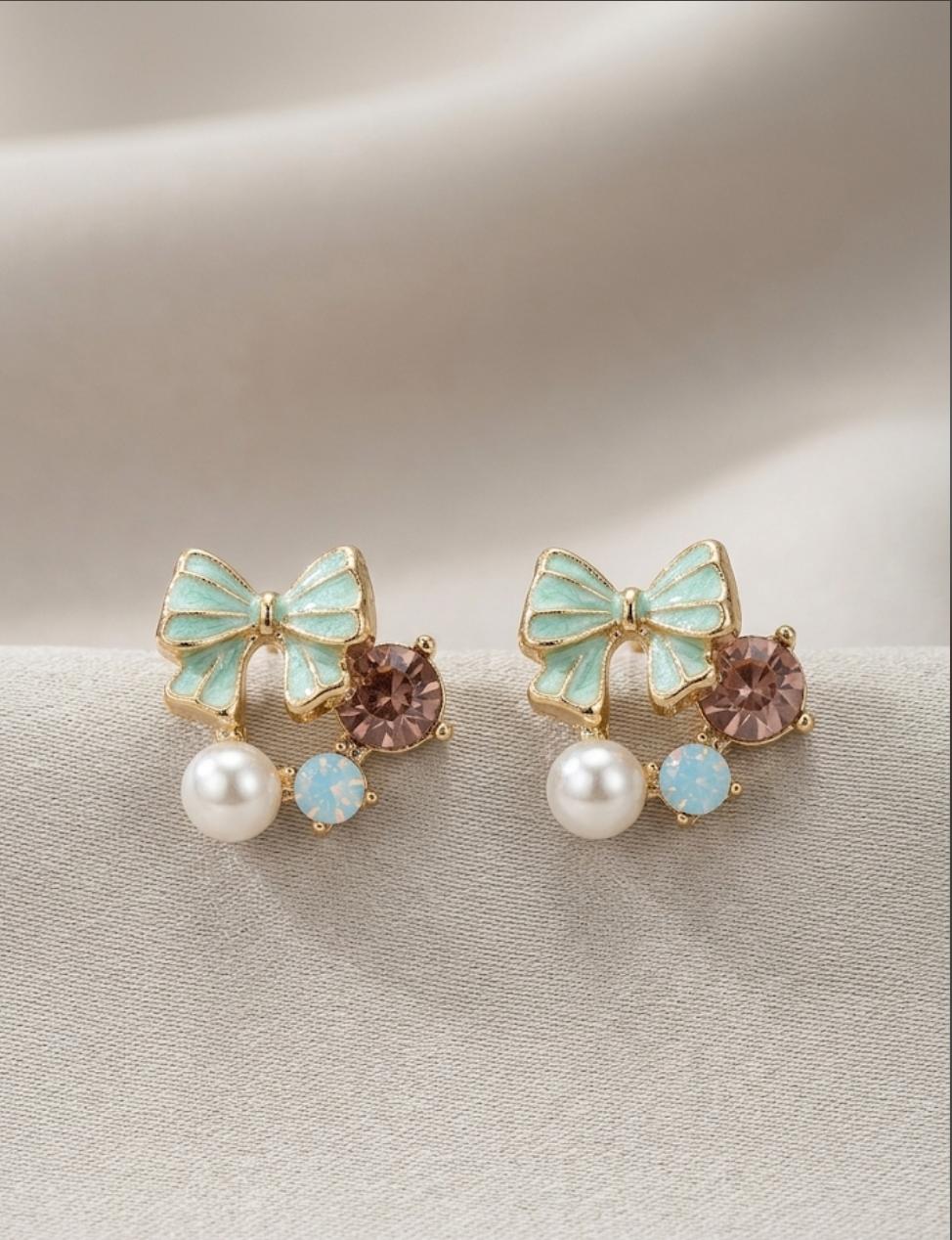 Mint Bow & Pearl Stud Earrings