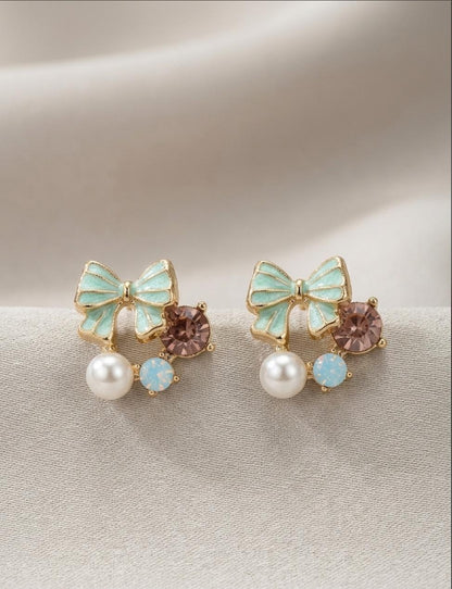 Mint Bow & Pearl Stud Earrings