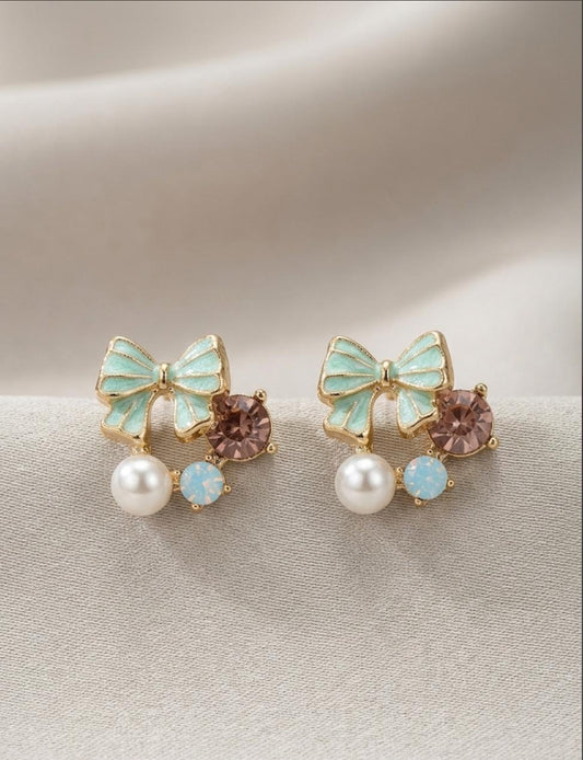 Mint Bow & Pearl Stud Earrings