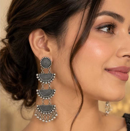 Chandni Triple Layer Oxidized Silver Statement Dangler Earrings