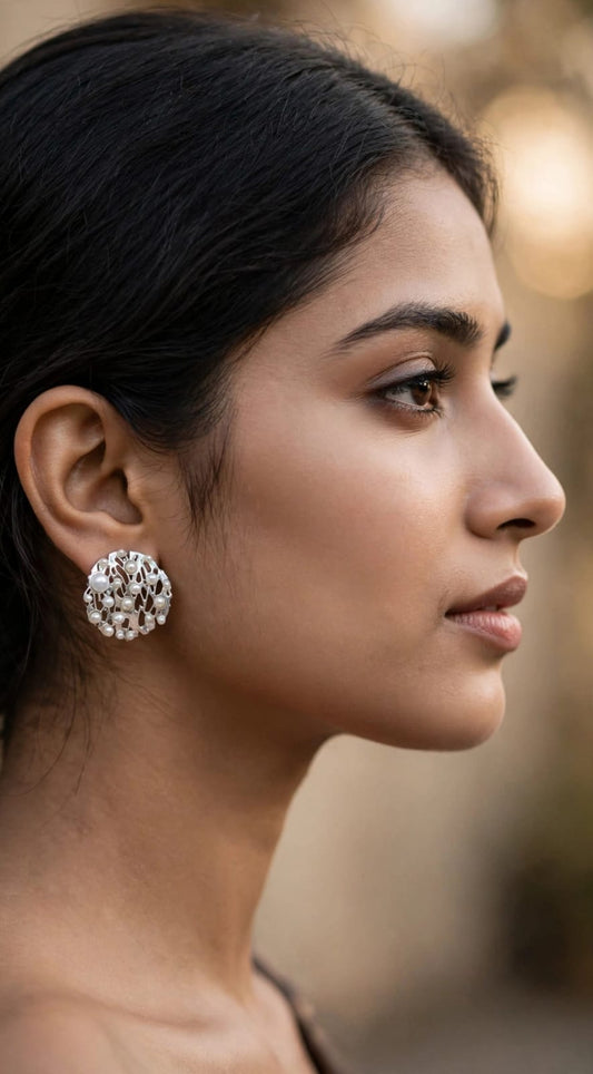 Pearl Galaxy Silver Filigree Round Stud Earrings