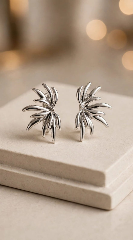 Solara Palm Burst Statement Stud Earrings - Silver