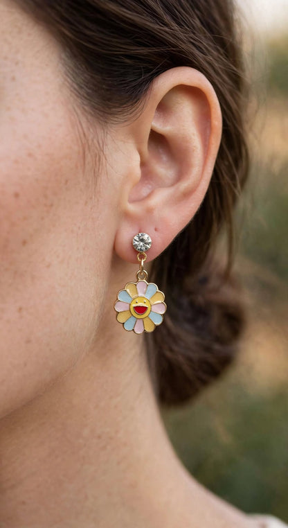 Rainbow Smiley Flower Drop Earrings with Crystal Stud