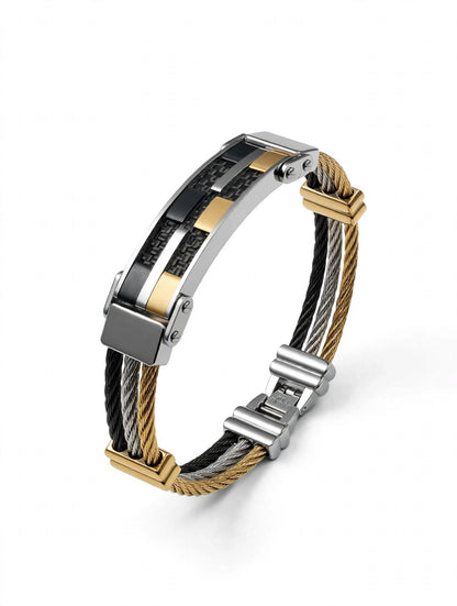 Black Gold Silver Tri-Color Cable Bracelet for Men