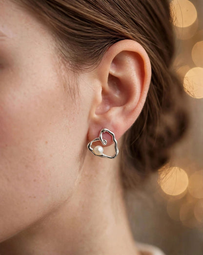 Amour Molten Heart Pearl Stud Earrings Silver
