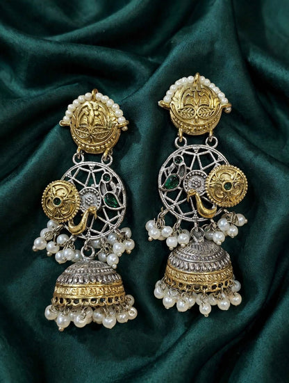 Dual Tone Peacock Jhumka Earrings