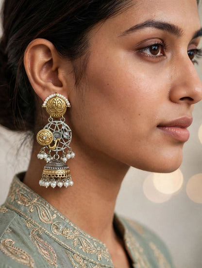 Dual Tone Peacock Jhumka Earrings