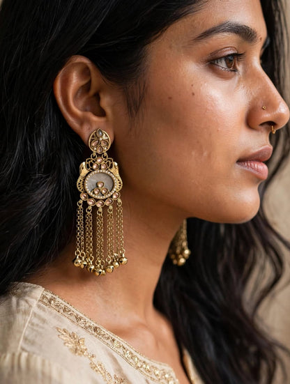 Antique Gold Kundan Tassel Jhumka Earrings
