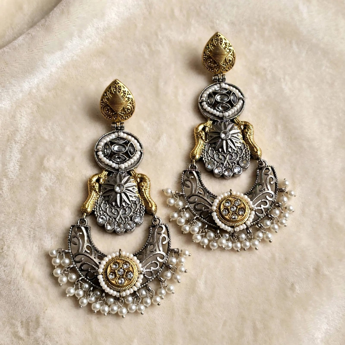Dual Tone Kundan Pearl Crescent Long Earrings