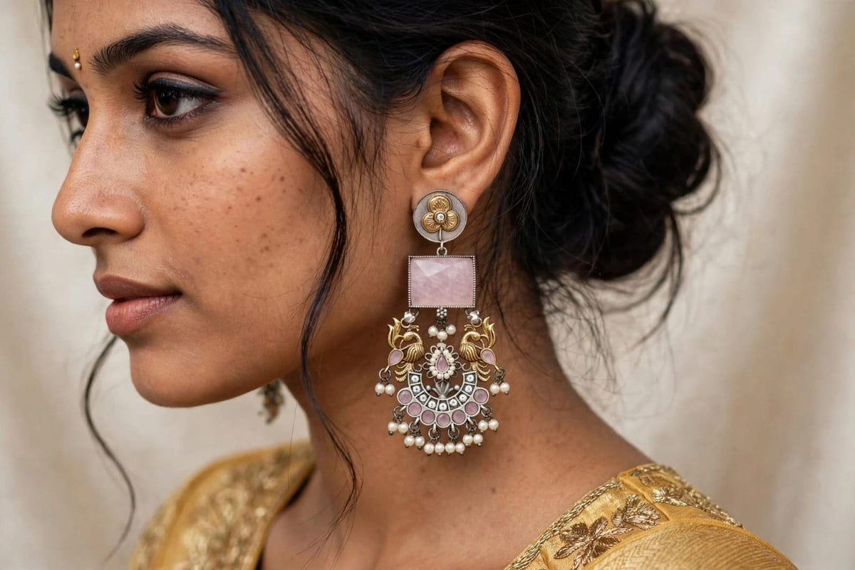 Dual Tone Peacock Long Earrings With Stone