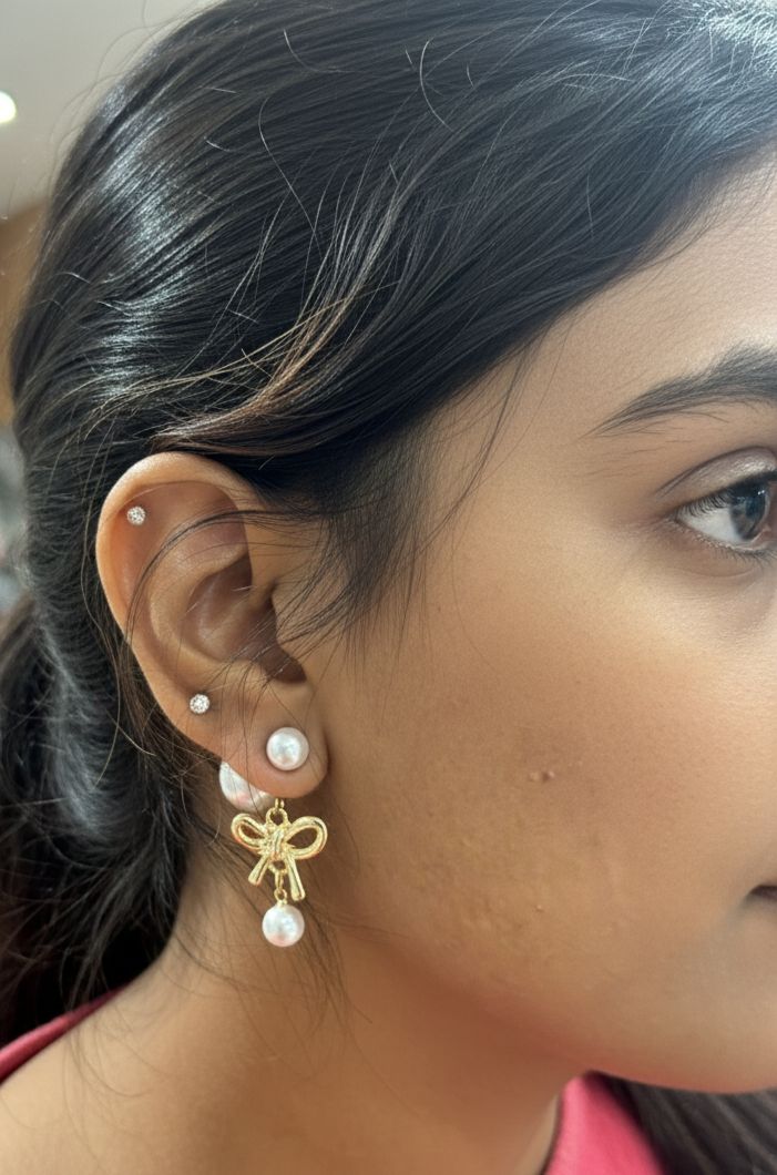 Golden Bow & Pearl Drop Earrings