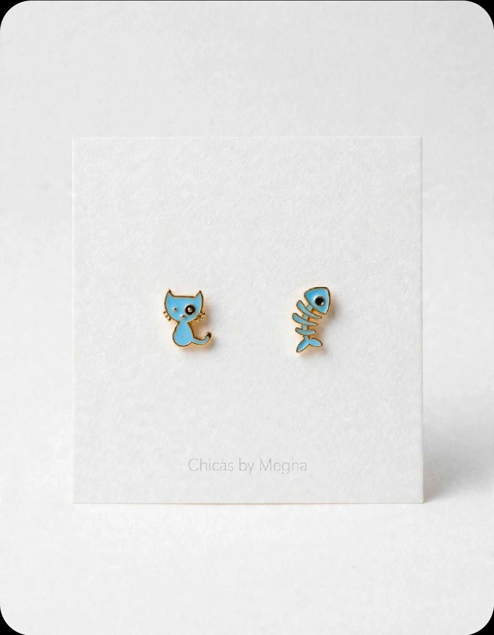 Kitty's Catch - Mismatched Cat & Fishbone Stud Earrings