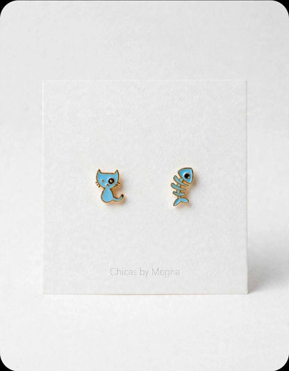 Kitty's Catch - Mismatched Cat & Fishbone Stud Earrings
