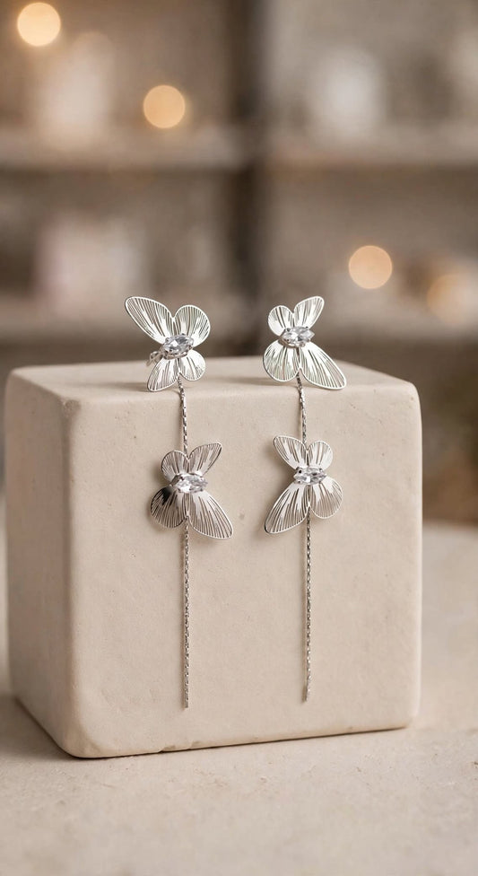 Flutter Silver Butterfly Long Tassel Drop Earrings