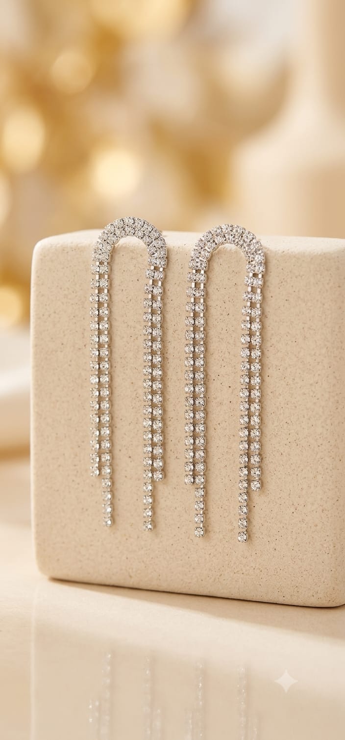 Long Rhinestone Tassel U Hoop Earrings