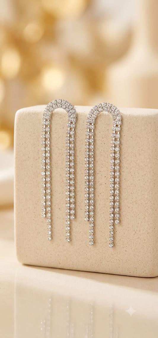 Long Rhinestone Tassel U-Hoop Earrings