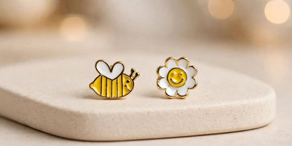 Bee & Smiley Daisy Mismatched Enamel Stud Earrings