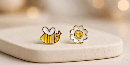 Bee & Smiley Daisy Mismatched Enamel Stud Earrings