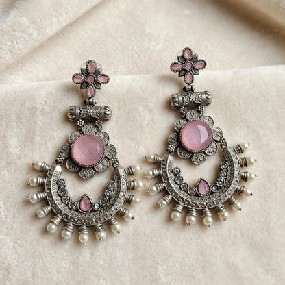 Oxidized Silver Stone Chandbali Earrings