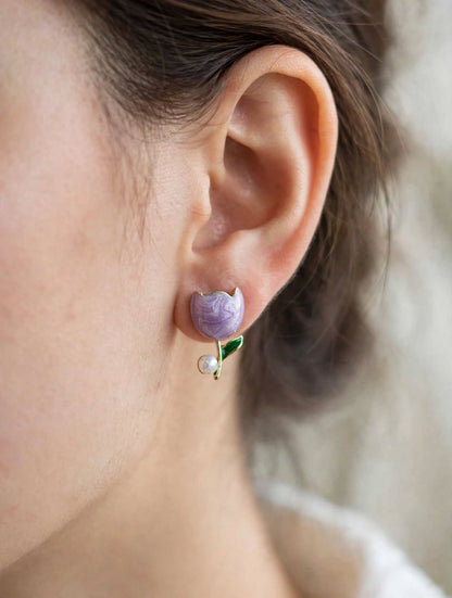 Tulip Bloom - Enamel Pearl Stud Earrings