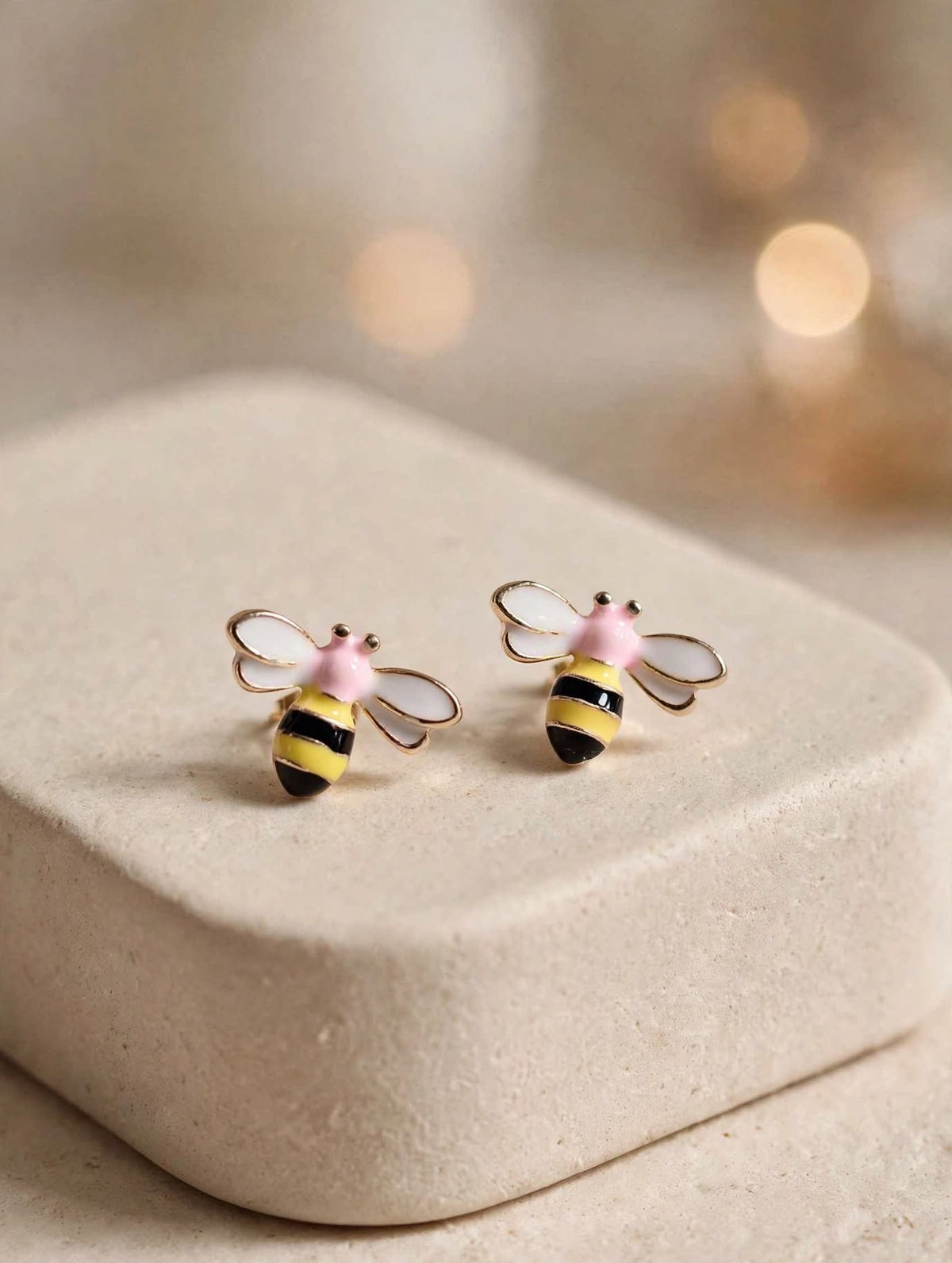 Pink & Yellow Honey Bee Enamel Stud Earrings