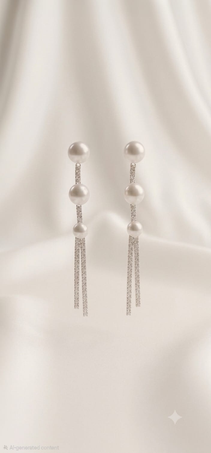 Triple Pearl Crystal Tassel Drop Earrings - Silver