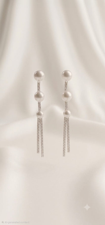 Triple Pearl Crystal Tassel Drop Earrings - Silver