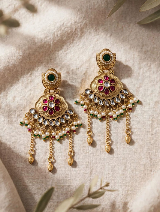 Antique Gold Kundan Jhumka Earrings