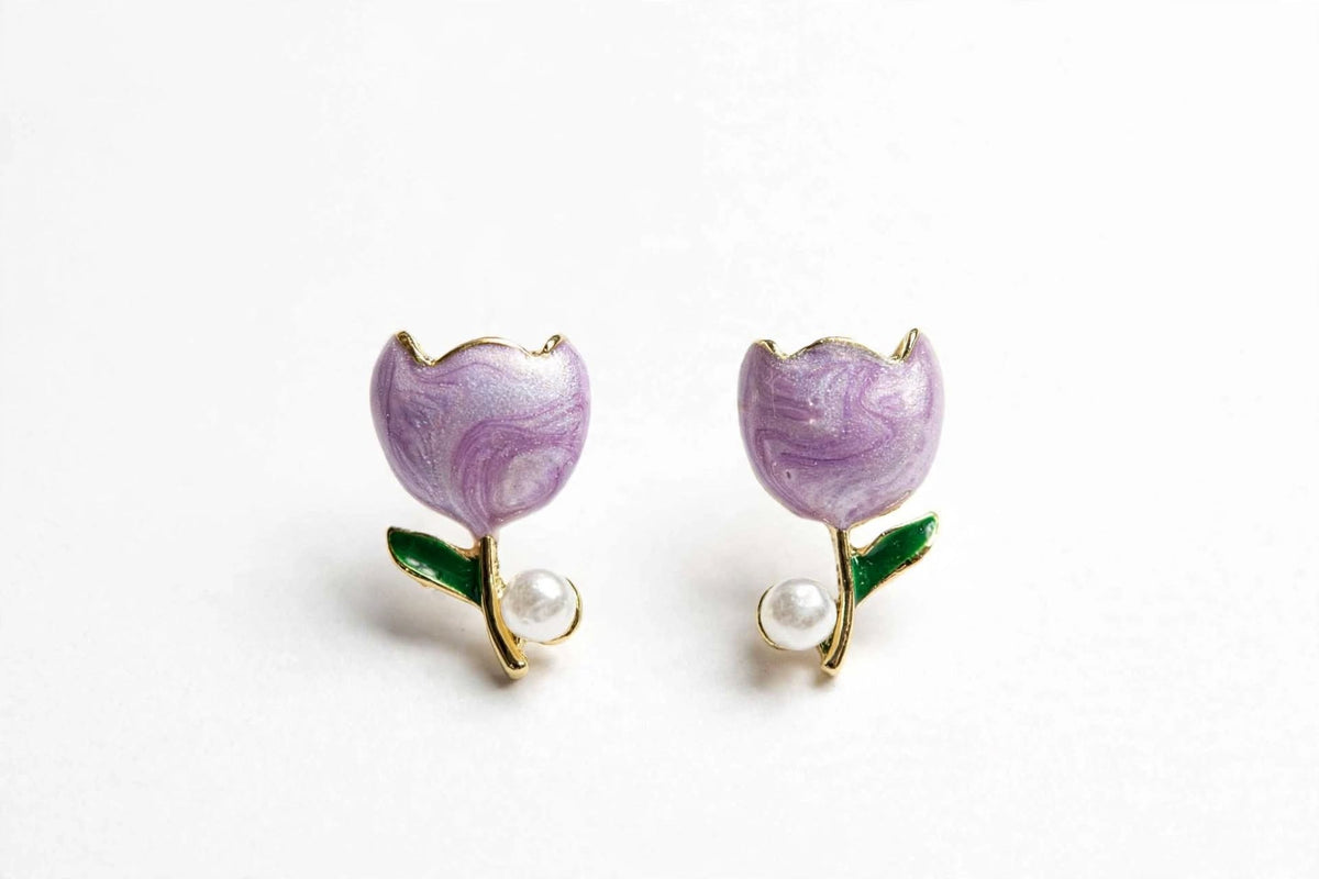 Tulip Bloom - Enamel Pearl Stud Earrings