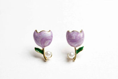 Tulip Bloom - Enamel Pearl Stud Earrings