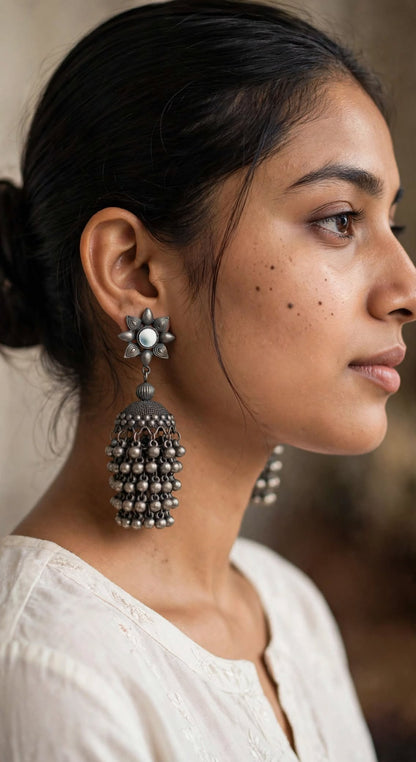 Silver Oxidized Mirror Flower Ghungroo Jhumka