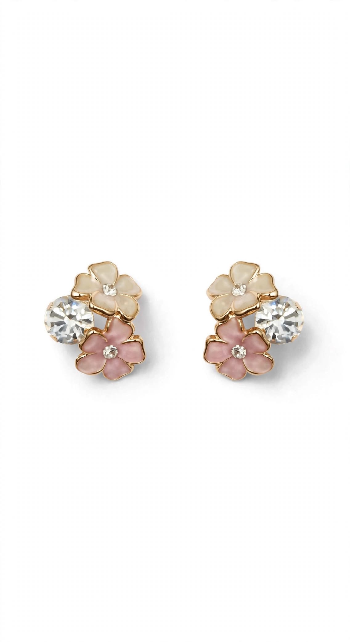 Enamel Flower Cluster Earrings Pink Floral Crystal Studs