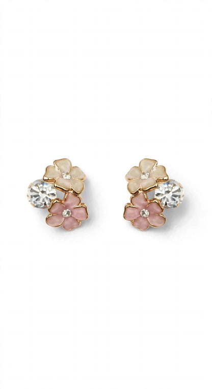 Enamel Flower Cluster Earrings Pink Floral Crystal Studs
