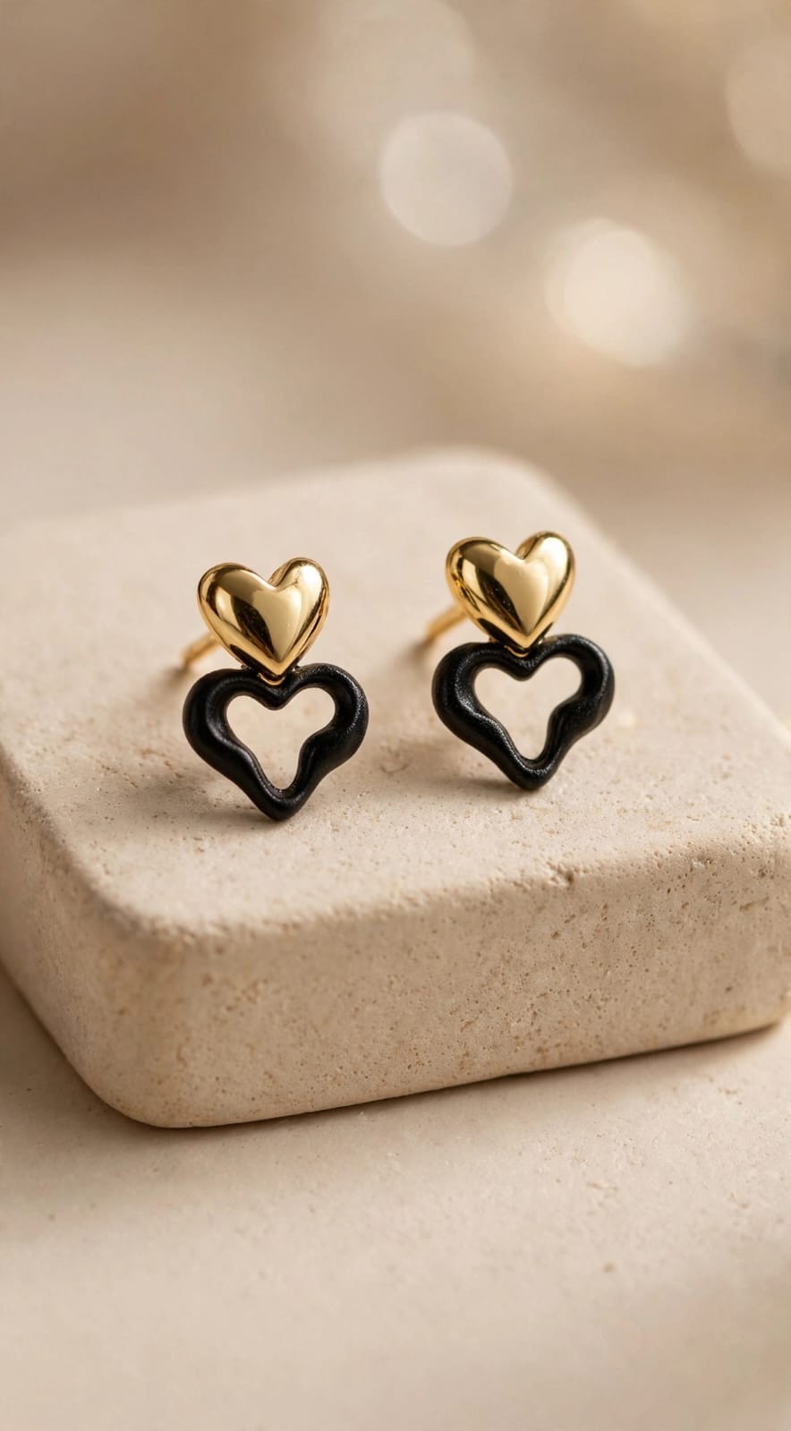 Amour Double Heart Drop Earrings - Gold & Black